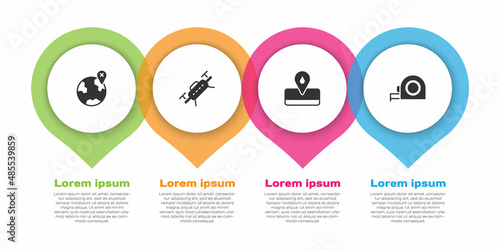 Set Location on the globe, Drone, Oilfield and Roulette construction. Business infographic template. Vector