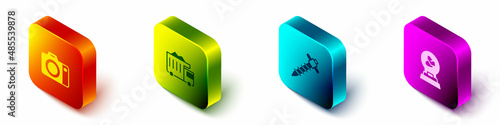 Set Isometric Photo camera, Mining dump truck, Construction jackhammer and Exhibition with minerals, rocks icon. Vector
