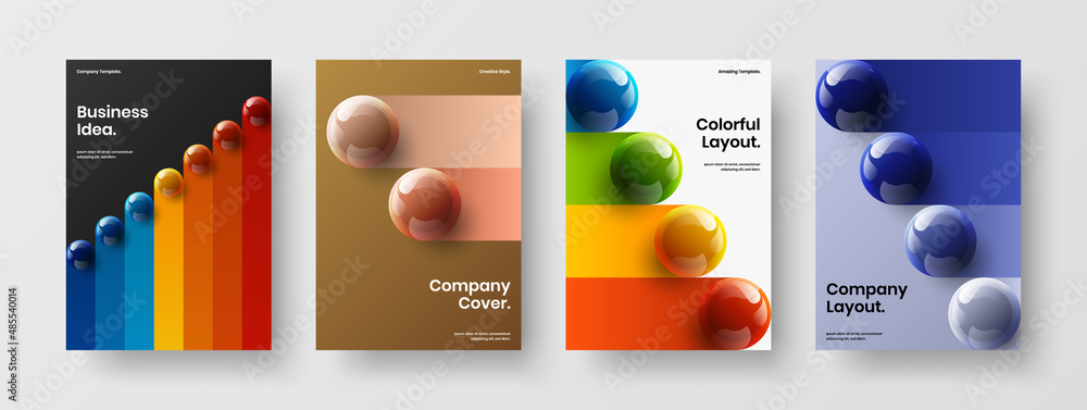 Creative 3D spheres company cover illustration composition. Simple booklet vector design layout collection.