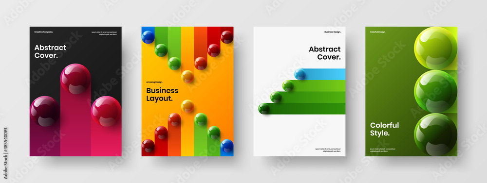 Clean leaflet A4 design vector template composition. Vivid realistic spheres journal cover illustration collection.