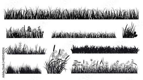 Grass silhouettes. Meadow silhouette, lawn edges or plants. Black isolated botanical garden elements with flowers, herbs and reeds, exact vector set