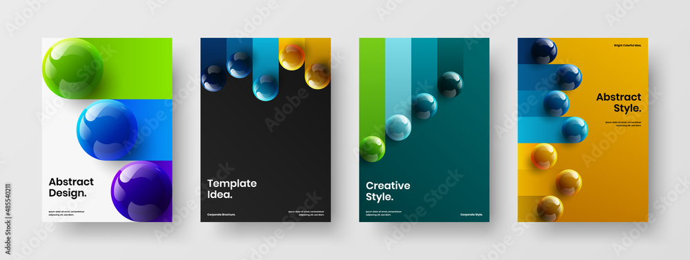 Abstract company identity vector design concept set. Multicolored 3D spheres cover layout composition.