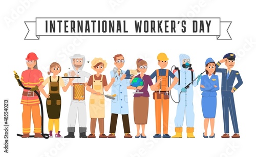 International workers day. Labor festive banner, working characters. People in uniform, different male and female professionals decent vector set