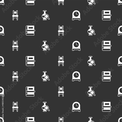 Set Antique clock, Book, Chair and Ancient amphorae on seamless pattern. Vector