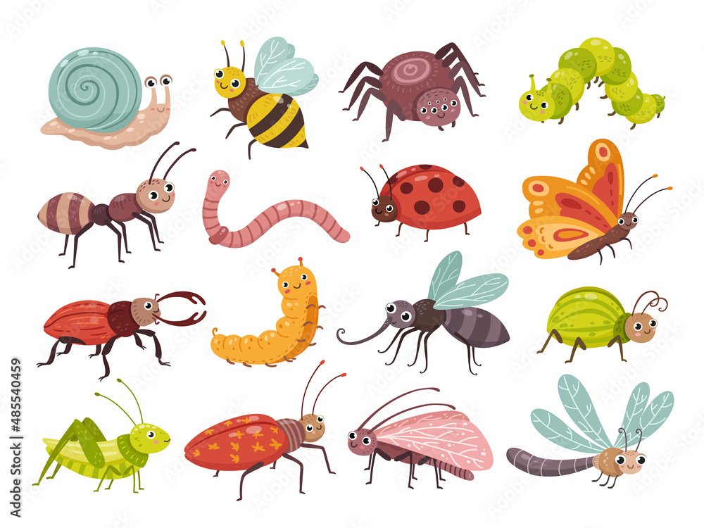 Cartoon insects. Isolated insect, children little wild bee, bug and  butterfly. Fly cute wasp, gardening caterpillar and snail. Nature neoteric  vector characters Stock Vector | Adobe Stock
