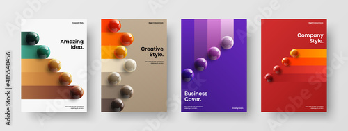 Fresh realistic spheres poster layout collection. Clean catalog cover A4 vector design template set.