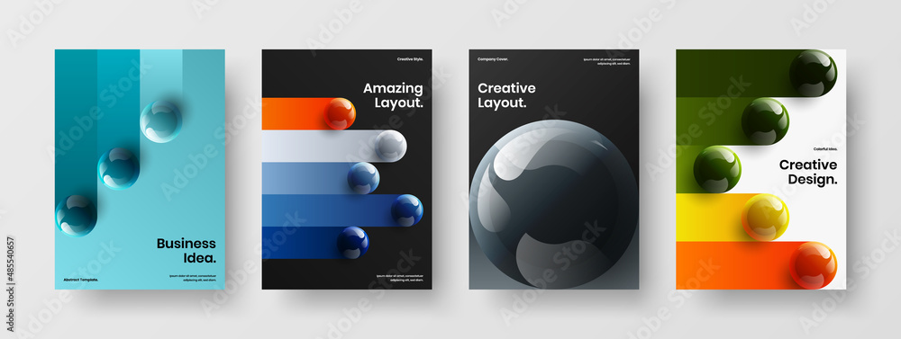 Trendy presentation A4 vector design illustration bundle. Vivid realistic spheres flyer layout collection.