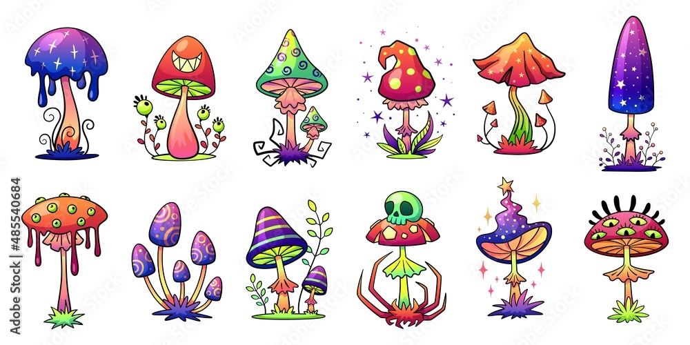 Fototapeta premium Hallucination mushrooms. Psychedelic mushroom set, hippie funky groovy 1970s forest plants. Decorative garish rainbow colors vector elements