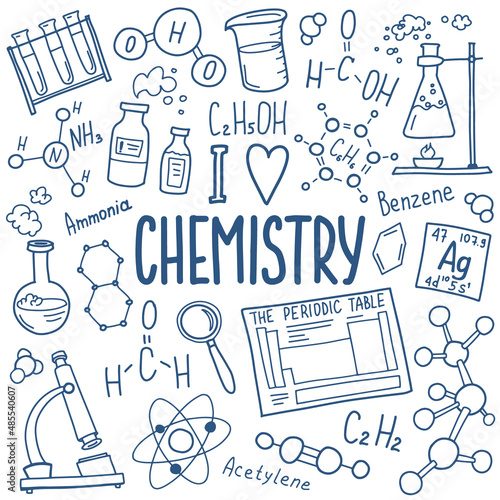 Chemistry symbols icon set. Science subject doodle design. Education and study concept. Back to school sketchy background for notebook, not pad, sketchbook. Hand drawn illustration.