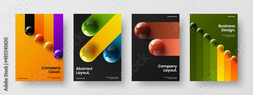 Original journal cover design vector concept collection. Fresh 3D balls corporate brochure illustration set.