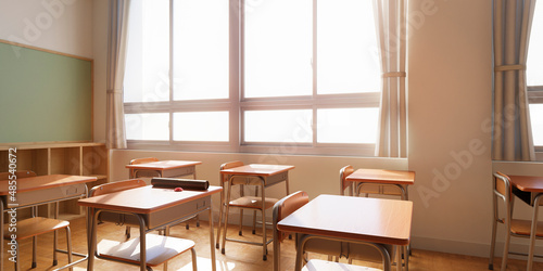 爽やかな光が差し込む学校の教室 / 机に置かれた卒業証書と赤いコサージュ / 卒業と旅立ち・爽やかな門出・青春とノスタルジーのコンセプトイメージ / 3Dレンダリンググラフィックス