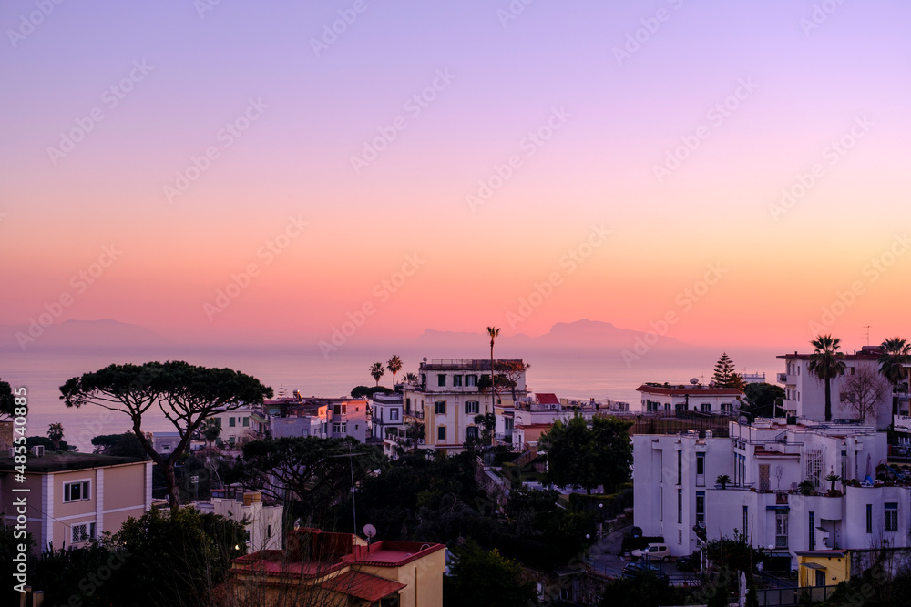Posillipo at sunset, Naples City centre in Campania Italy.