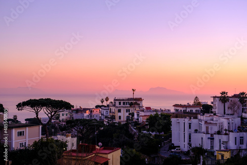 Posillipo at sunset, Naples City centre in Campania Italy. photo