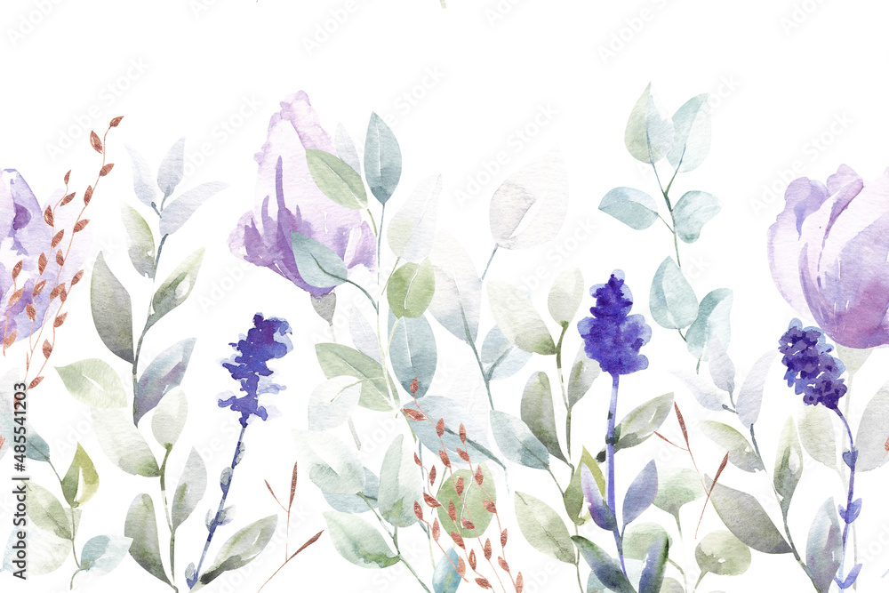 Watercolor seamless border of forest flowers, herbs and berries