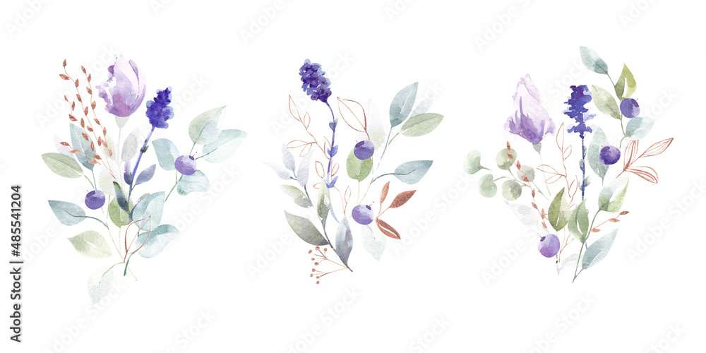 Watercolor bouquets of forest flowers and berries