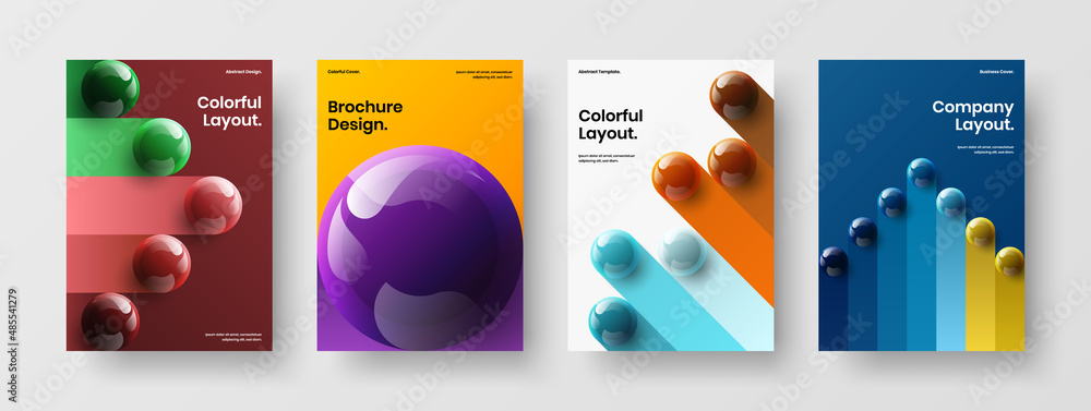Geometric magazine cover A4 vector design illustration bundle. Bright 3D balls pamphlet concept collection.