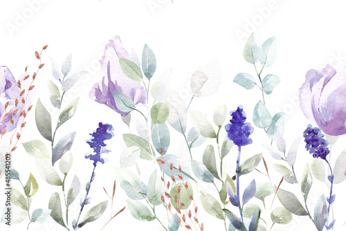 Watercolor seamless border of forest flowers, herbs and berries