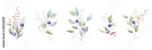 Watercolor bouquets of forest flowers and berries