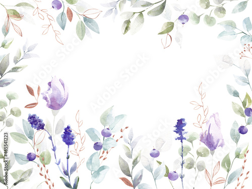 Watercolor frame of forest flowers and berries