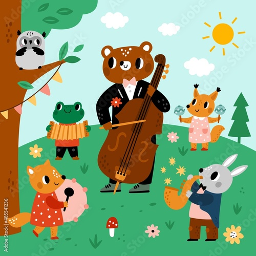 Animals musicians in forest. Orchestra in summer glade. Children concert. Cartoon characters play music. Quintet with instruments in meadow. Jazz band. Musical performance. Vector concept
