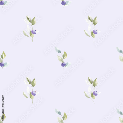 Floral watercolor seamless pattern. Forest blueberries on a light background.