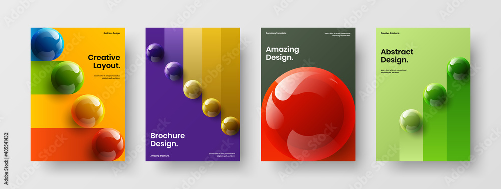 Bright brochure vector design layout set. Original 3D balls magazine cover concept bundle.