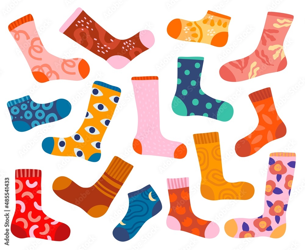 Bright stylish socks. Trendy designs clothing elements. Stockings with fancy abstract patterns. Colorful cotton products. Fashion casual wear. Legs underwear. Vector foot clothes set Bright stylish socks. Trendy designs clothing elements. Stockings with fancy abstract patterns. Colorful cotton products. Fashion casual wear. Legs underwear. Vector foot clothes set