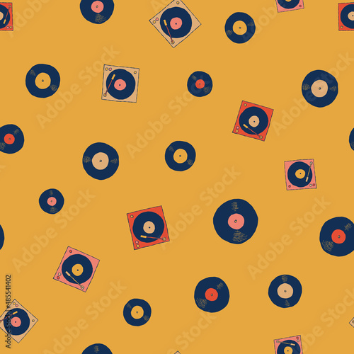 Vector retro turntable record players and vinyl records seamless repeat pattern background. Perfect for fabric, wallpaper, wrapping paper, scrapbooking projects. 