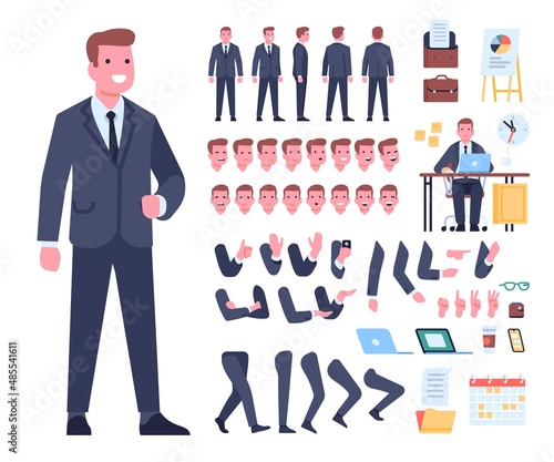 Cartoon businessman character kit. Manager constructor. Guy in formal suit. Body parts in different positions. Legs and hands gestures. Accessories and work desk. Vector man elements set