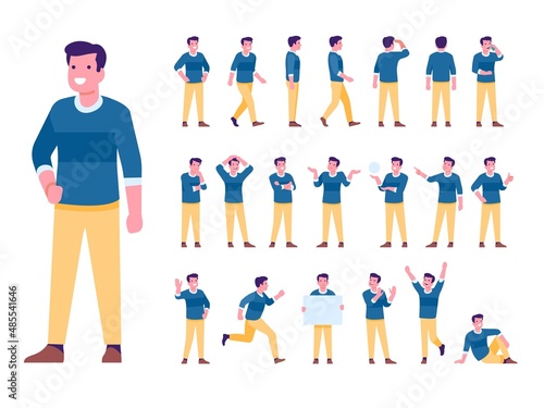 Cartoon male character poses. Guy standing in casual clothes. Different body positions and actions. Man running and walking. Emotion expressions or gestures. Vector persons postures set