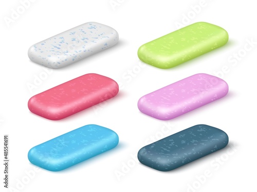 Chewing gum pads. Realistic different colorful bubblegum pillows. Various flavored product. Fresh breath. Dental and oral hygiene. Vector refreshing menthol and sweet fresheners set