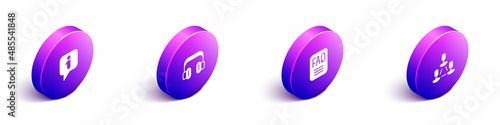 Set Isometric Information, Headphones, FAQ information and Employee hierarchy icon. Vector