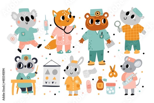Cute animal doctors. Medical characters with different tools in uniform. Koala with first aid kit. Fox with stethoscope. Panda optometrist. Pediatrician and nurse. Vector physicians set © VectorBum
