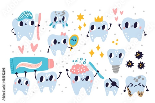 Cute tooth characters. Cartoon teeth with comic faces. Different emotion expressions. Dental hygiene tools and accessories. Toothpaste and toothbrush. Vector healthy and sick molars set