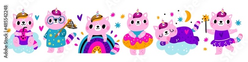 Cute unicorn cats. Little pink kittens. Magical animals with multicolored horns. Magic wand and rainbow. Kawaii characters sleep on clouds or swim with rings. Vector fairytale pets set
