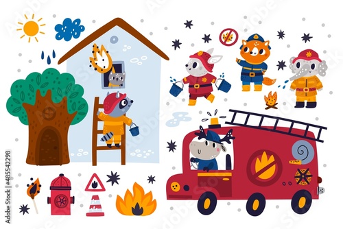 Firefighters tools. Cute animals in fire uniform with buckets of water extinguish ignition. Raccoon rescues kitten in burning house. Deer drives emergency truck. Vector firefighting set