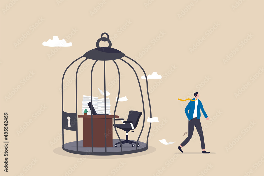 © Nuthawut - Break free, quit exhausted day job to start new business, escape for freedom, resign from toxic workplace or retirement concept, confidence businessman break free from toxic working desk bird cage. © Nuthawut - Break free, quit exhausted day job to start new business, escape for freedom, resign from toxic workplace or retirement concept, confidence businessman break free from toxic working desk bird cage.