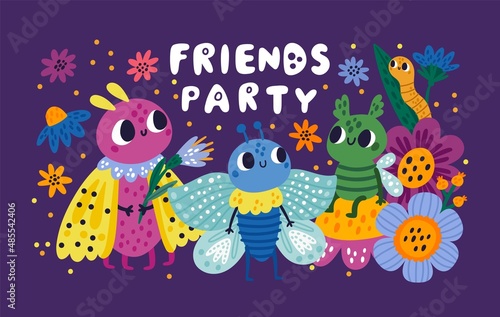 Funny bug poster. Colorful insects team with spring flowers. Nocturnal moths and earthworm. Caterpillar or butterfly. Animal characters with happy faces. Friends party. Vector concept