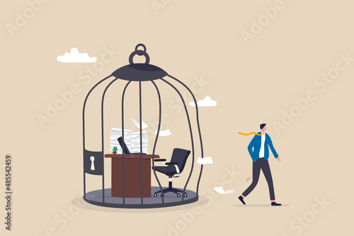 Break free, quit exhausted day job to start new business, escape for freedom, resign from toxic workplace or retirement concept, confidence businessman break free from toxic working desk bird cage.