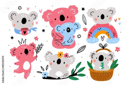 Funny koala. Australian furry animals. Color cute bears. Kids fauna characters. Comic wildlife. Rainbow and basket with eucalyptus leaves. Vector cartoon style tropical creatures set