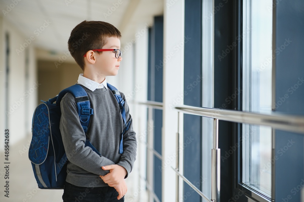 Cheerful smiling little boy with big backpack having fun. School concept. Back to School Cheerful smiling little boy with big backpack having fun. School concept. Back to School
