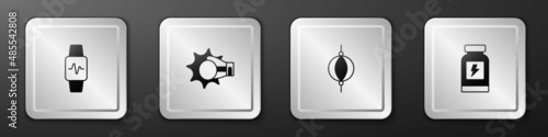 Set Smart watch with heart, Punch in boxing glove, Punching bag and Energy drink icon. Silver square button. Vector