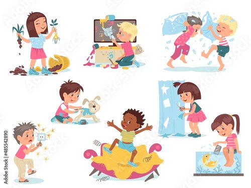 Kids destroy. Children bad behavior. Naughty boys and girls break electronics. Babies spoil things. Destructive energy. Funny characters jumping on sofa or painting dog. Vector fidgets set