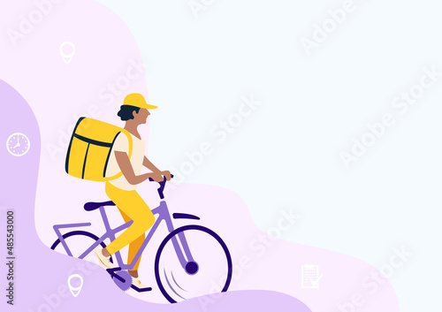 Service fast food delivery to your home and office. A man with a yellow backpack on a bicycle delivers food. Vector illustration.
