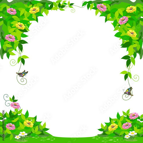 Vector illustration of a frame for the background of a fairy tale from the foliage of trees, pink and yellow flowers and butterflies in cartoon style on a white background.