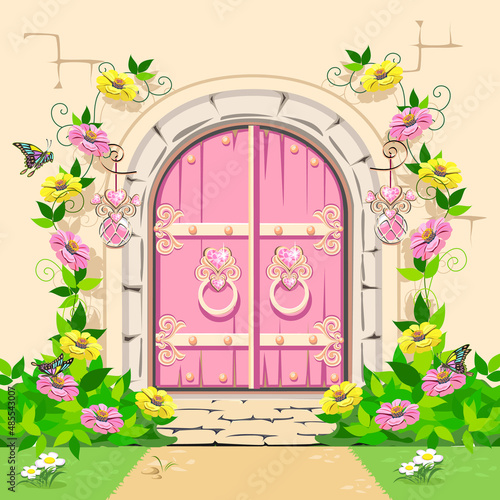 Closed pink gates to fairy land. Vector illustration of fairy tale architecture.