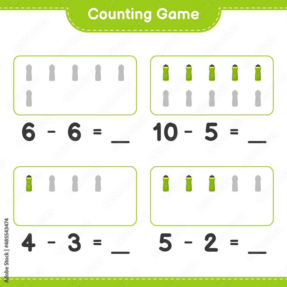 Count and match, count the number of Sport Water Bottle and match with the right numbers. Educational children game, printable worksheet, vector illustration Count and match, count the number of Sport Water Bottle and match with the right numbers. Educational children game, printable worksheet, vector illustration
