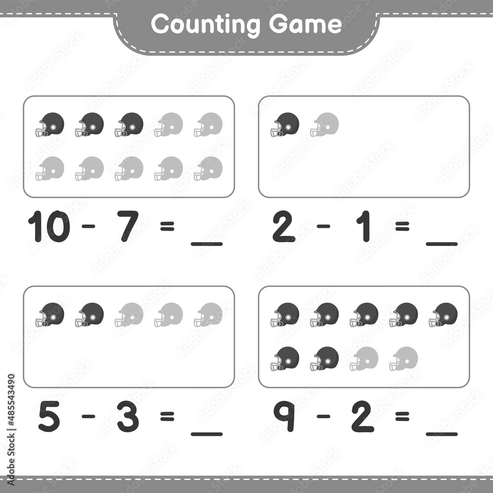 Count and match, count the number of Football Helmet and match with the right numbers. Educational children game, printable worksheet, vector illustration Count and match, count the number of Football Helmet and match with the right numbers. Educational children game, printable worksheet, vector illustration
