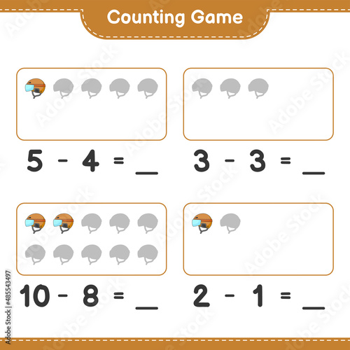 Count and match, count the number of Hockey Helmet and match with the right numbers. Educational children game, printable worksheet, vector illustration