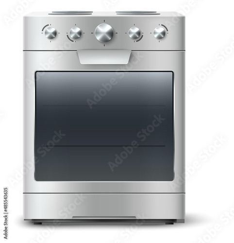 Realistic stove. Steel oven. Kitchen electric or gas appliance